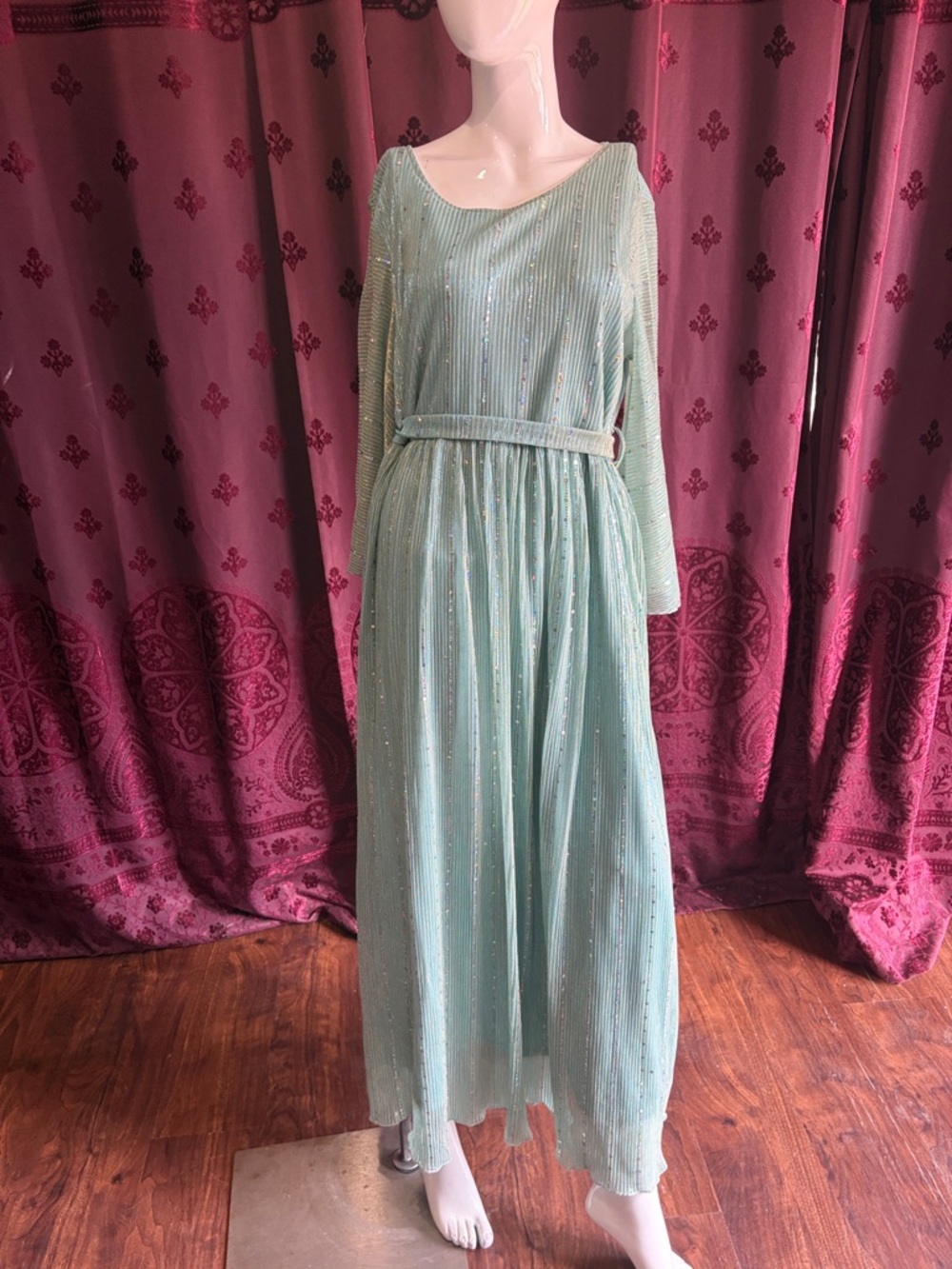 Mint Green Sparkling Sequin Long Sleeve Pleated Shein Maxi Dress Size XL